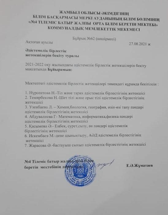Әдістемелік бірлестік жетекшілерін бекіту туралы