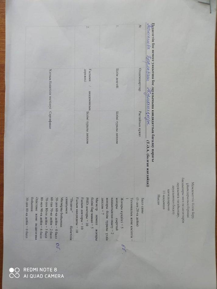 Конкурсқа тускен мұғалім Тампиева Қ.Ж.