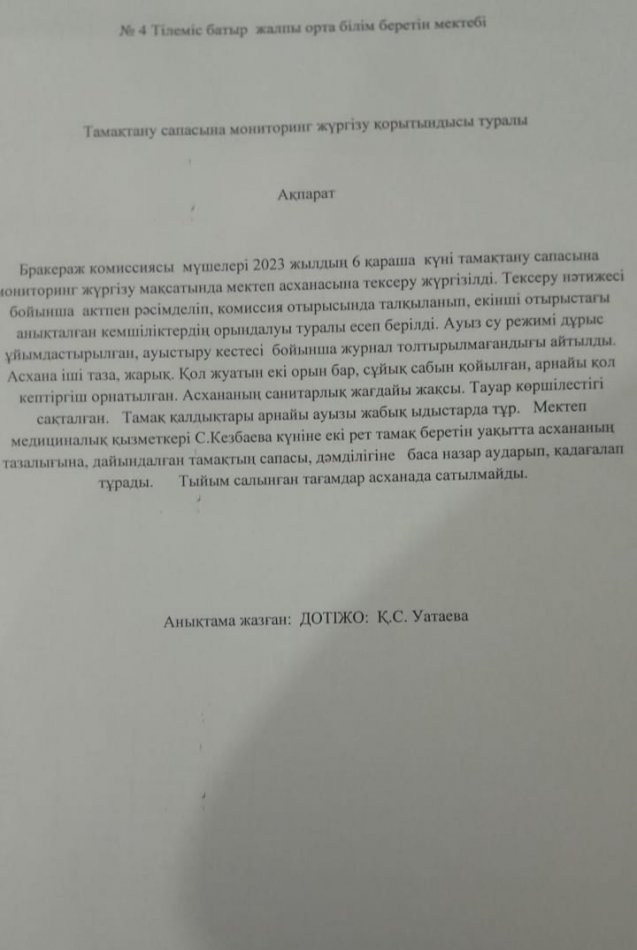 Тамақтану сапасына мониторинг жүргізу қорытындысы