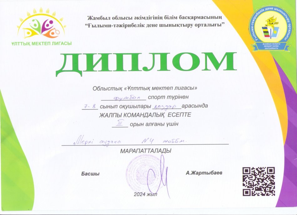 Облыстық «Ұлттық мектеп лигасы»футбол спорт түрінен7,8 сынып оқушылары қыздар арасында жалпы командалық есеппен ІІІ орын алған үшін №4Тілеміс батыр ЖОББМ марапатталады.  Жетекшісі: Есенбеков Айдос