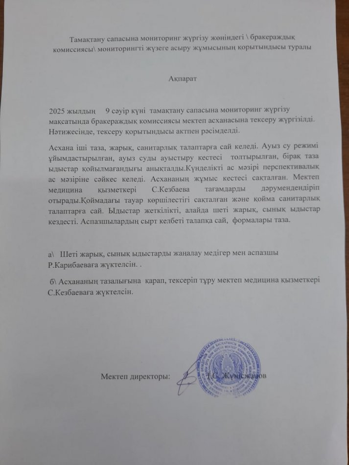 Тамақтану сапасына мониторинг жүргізу