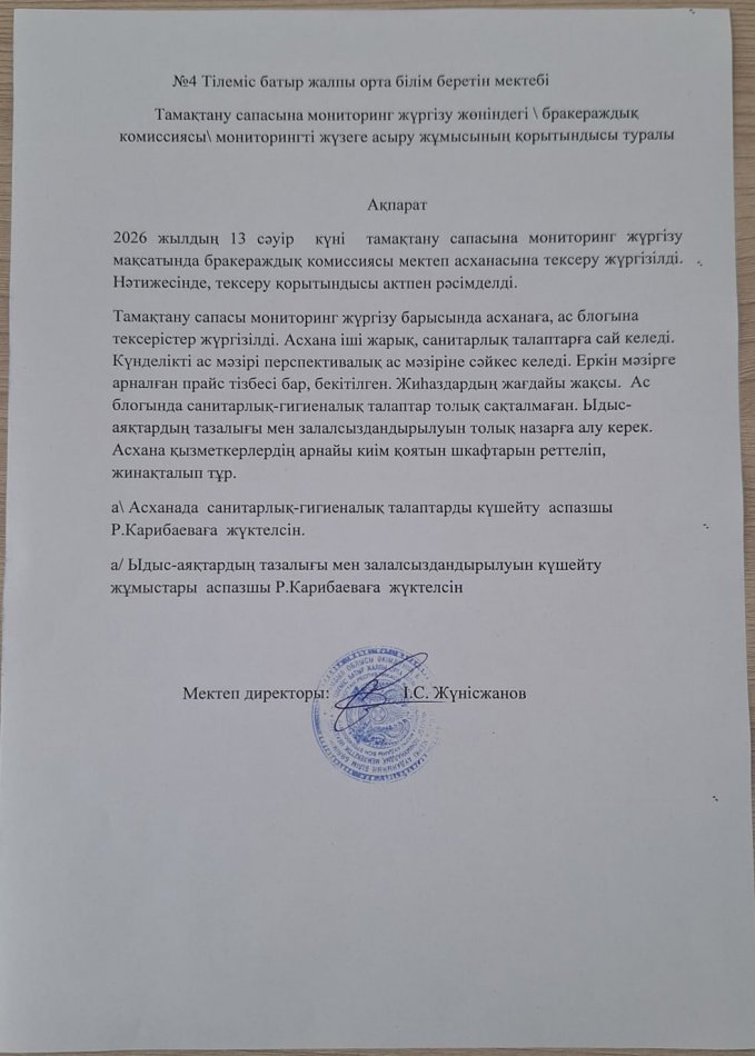 Тамақтану сапасына мониторинг жүргізу