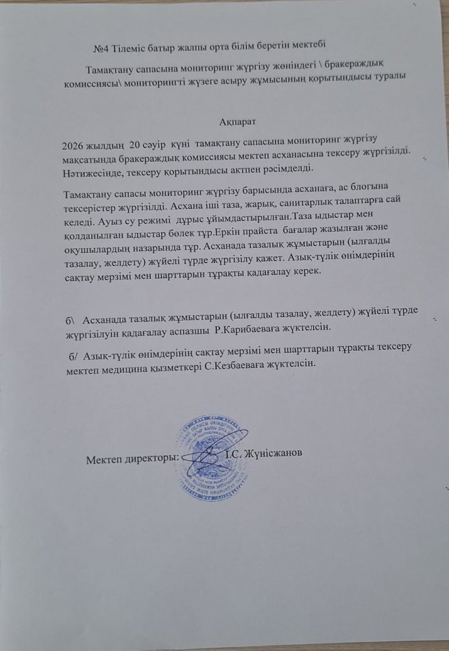 Тамақтану сапасына  мониторинг  жүргізу